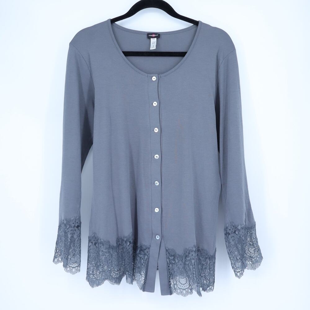 COSABELLA Katya Laced Button Front Top Gray Long Sleeve Knit Sleepwear Women's L